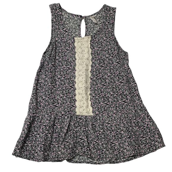 XHILIRATION Black Purple Floral Lace Bohemian Sleeveless Peplum Blouse Medium - Picture 1 of 9